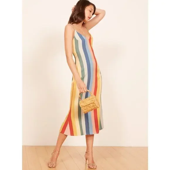 Reformation Rainbow Midi Dress 2 XS Striped V-neck spaghetti strap multicolor - Picture 11 of 11